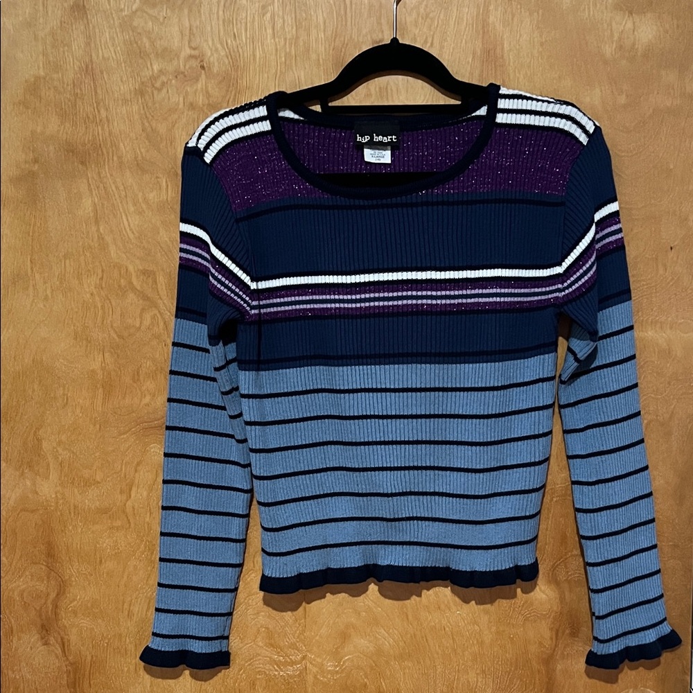 Girl’s Hip Heart Striped Blue and Purple Sweater Sz.XL (16)